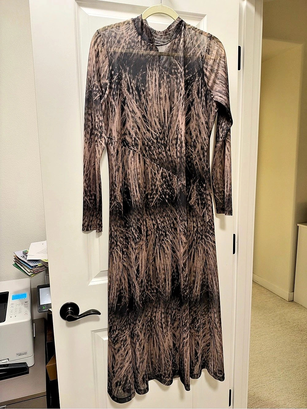 AllSaints Hanna Long Sleeve Mesh Midi Dress Brown & Black Size 6